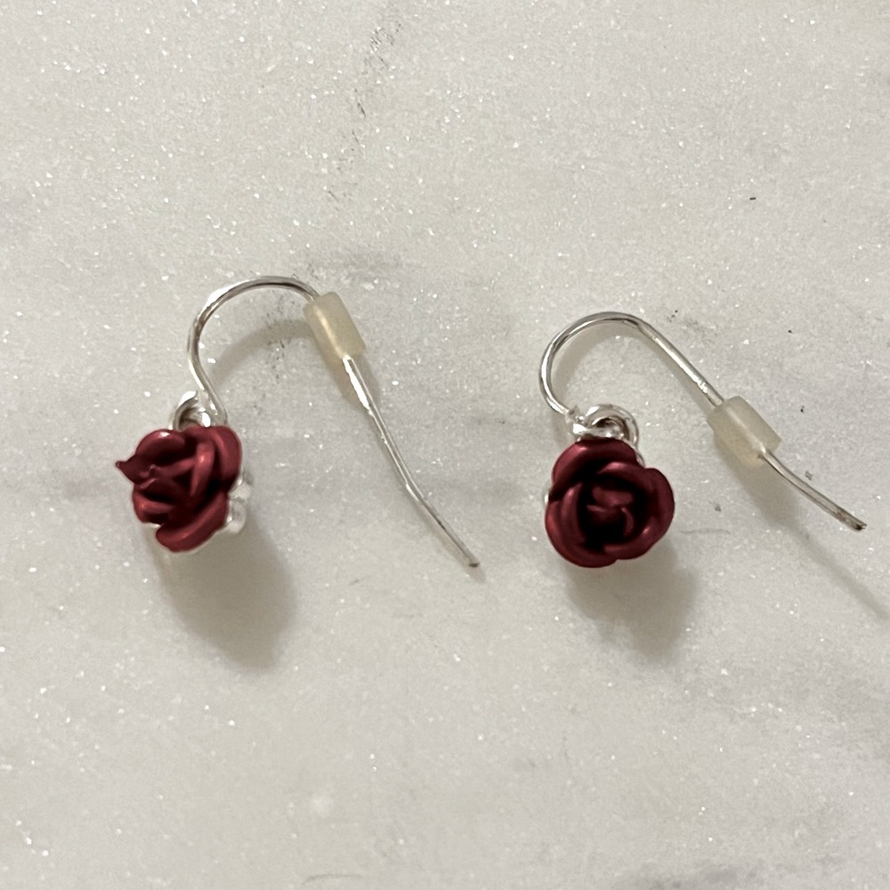 Petite Red & Silver Tone Rose Flower Dangle Earrings